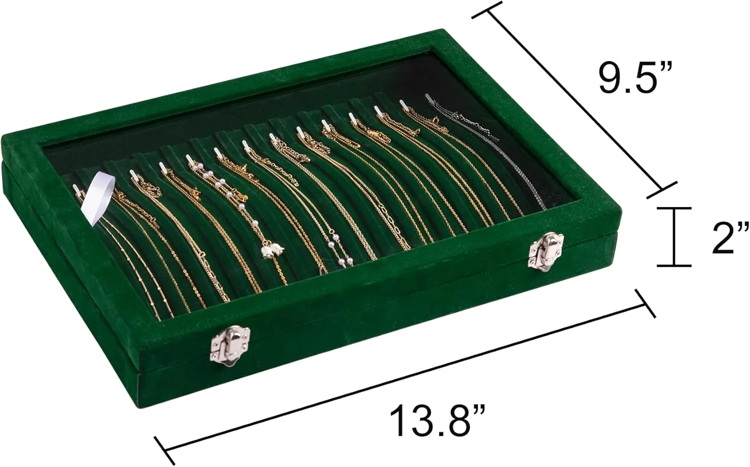 Frebeauty 15 Hooks Necklace Tray Velvet Neckalce Organizer with Clear Lid Lockable Necklace Holder Box Jewelry Organizer for Pendants Chains Necklace Jeweley Tray for Women Girl (Blackish Green)