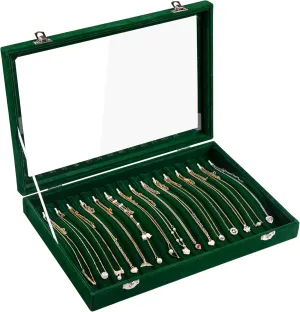 Frebeauty 15 Hooks Necklace Tray Velvet Neckalce Organizer with Clear Lid Lockable Necklace Holder Box Jewelry Organizer for Pendants Chains Necklace Jeweley Tray for Women Girl (Blackish Green)