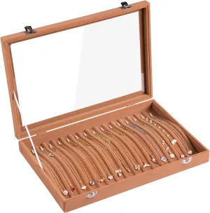 Frebeauty 15 Hooks Necklace Tray Velvet Neckalce Organizer with Clear Lid Lockable Necklace Holder Box Jewelry Organizer for Pendants Chains Necklace Jeweley Tray for Women Girl (Camel)