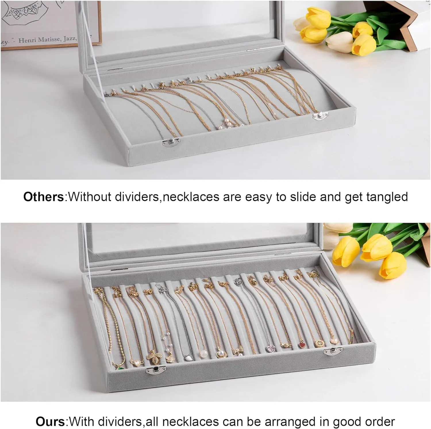 Frebeauty 15 Hooks Necklace Tray Velvet Neckalce Organizer with Clear Lid Lockable Necklace Holder Box Jewelry Organizer for Pendants Chains Necklace Jeweley Tray for Women Girl (Camel)