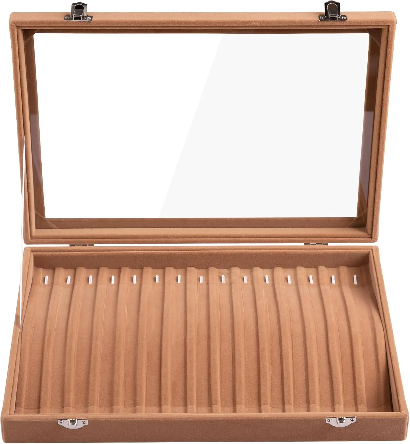 Frebeauty 15 Hooks Necklace Tray Velvet Neckalce Organizer with Clear Lid Lockable Necklace Holder Box Jewelry Organizer for Pendants Chains Necklace Jeweley Tray for Women Girl (Camel)