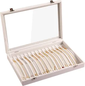 Frebeauty 15 Hooks Necklace Tray Velvet Neckalce Organizer with Clear Lid Lockable Necklace Holder Box Jewelry Organizer for Pendants Chains Necklace Jeweley Tray for Women Girls(Beige)