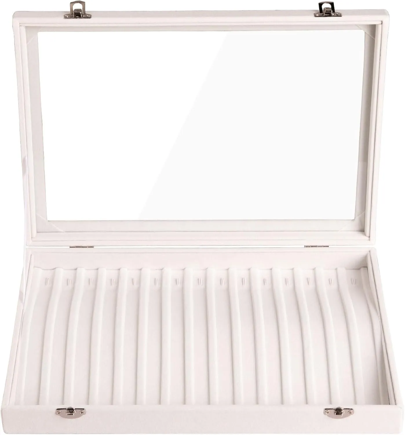 Frebeauty 15 Hooks Necklace Tray Velvet Neckalce Organizer with Clear Lid Lockable Necklace Holder Box Jewelry Organizer for Pendants Chains Necklace Jeweley Tray for Women Girls(Beige)