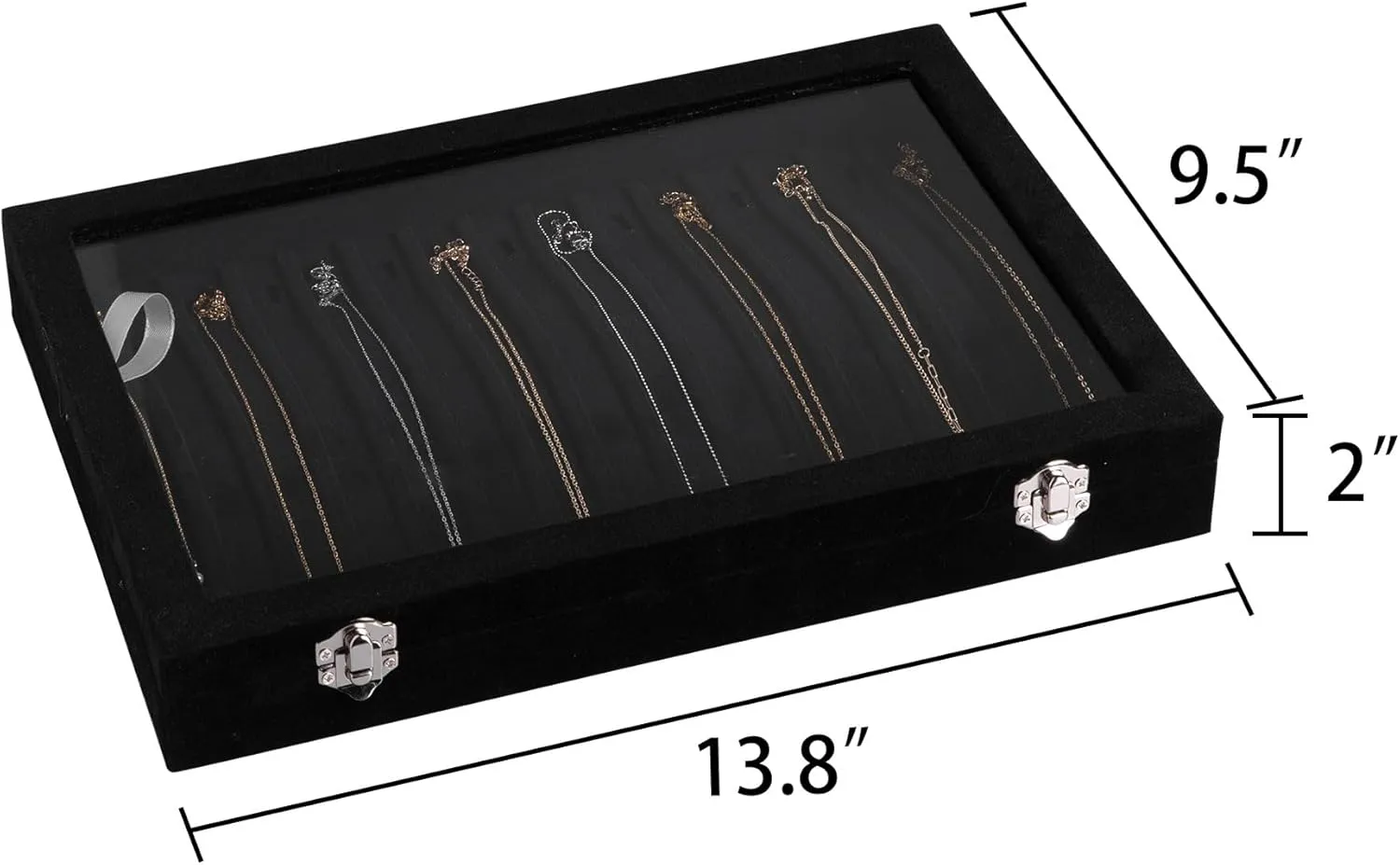 Frebeauty 15 Hooks Necklace Tray Velvet Neckalce Organizer with Clear Lid Lockable Necklace Holder Box Jewelry Organizer for Pendants Chains Necklace Jeweley Tray for Women Girls(Black)