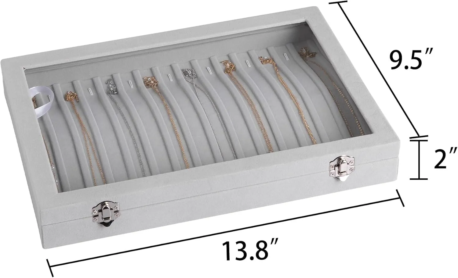 Frebeauty 15 Hooks Necklace Tray Velvet Neckalce Organizer with Clear Lid Lockable Necklace Holder Box Jewelry Organizer for Pendants Chains Necklace Jeweley Tray for Women Girls(Grey)