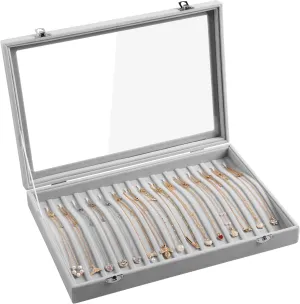 Frebeauty 15 Hooks Necklace Tray Velvet Neckalce Organizer with Clear Lid Lockable Necklace Holder Box Jewelry Organizer for Pendants Chains Necklace Jeweley Tray for Women Girls(Grey)