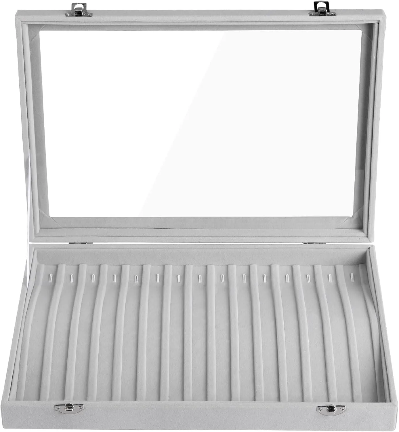 Frebeauty 15 Hooks Necklace Tray Velvet Neckalce Organizer with Clear Lid Lockable Necklace Holder Box Jewelry Organizer for Pendants Chains Necklace Jeweley Tray for Women Girls(Grey)