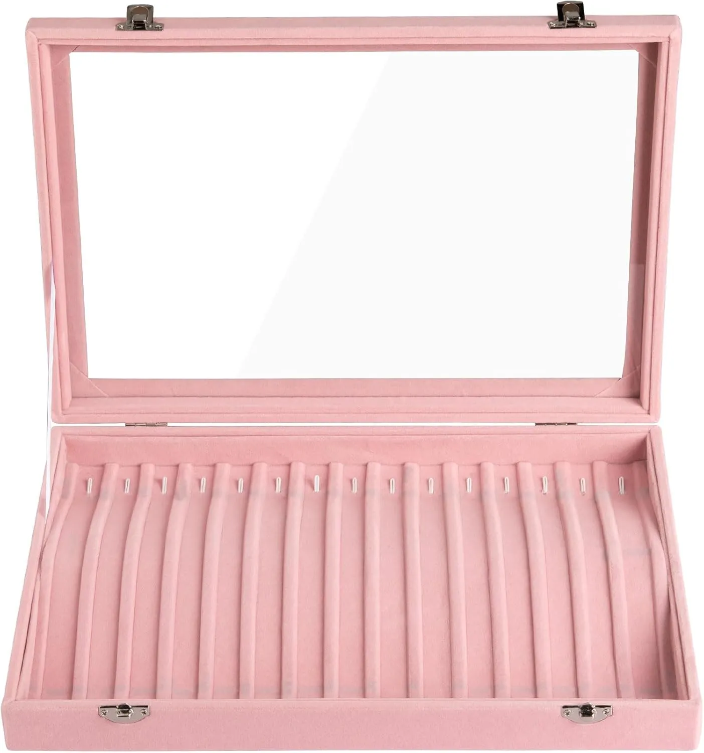 Frebeauty 15 Hooks Necklace Tray Velvet Neckalce Organizer with Clear Lid Lockable Necklace Holder Box Jewelry Organizer for Pendants Chains Necklace Jeweley Tray for Women Girls(Pink)