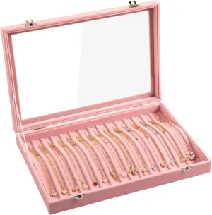 Frebeauty 15 Hooks Necklace Tray Velvet Neckalce Organizer with Clear Lid Lockable Necklace Holder Box Jewelry Organizer for Pendants Chains Necklace Jeweley Tray for Women Girls(Pink)