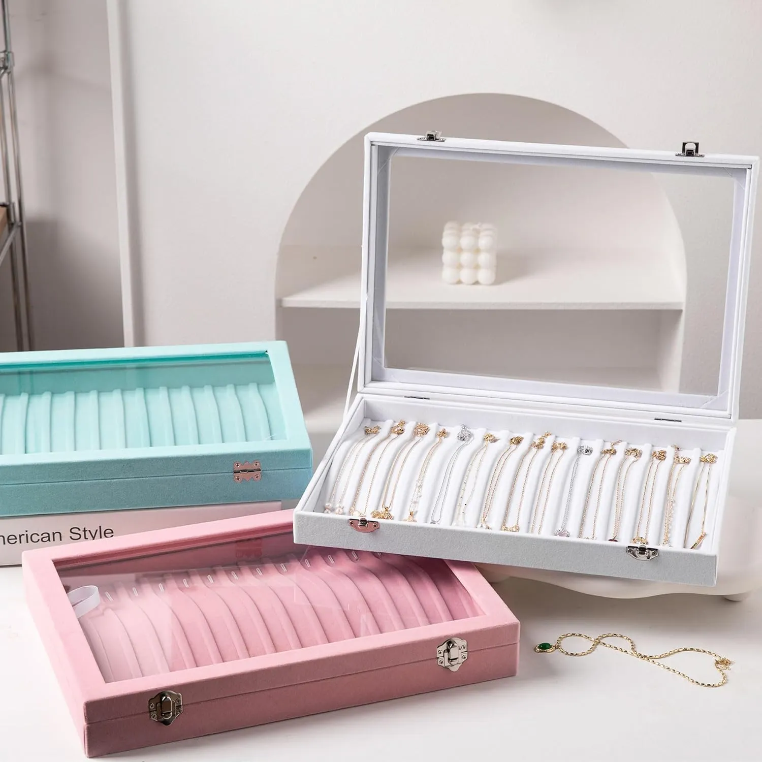Frebeauty 15 Hooks Necklace Tray Velvet Neckalce Organizer with Clear Lid Lockable Necklace Holder Box Jewelry Organizer for Pendants Chains Necklace Jeweley Tray for Women Girls(Pink)