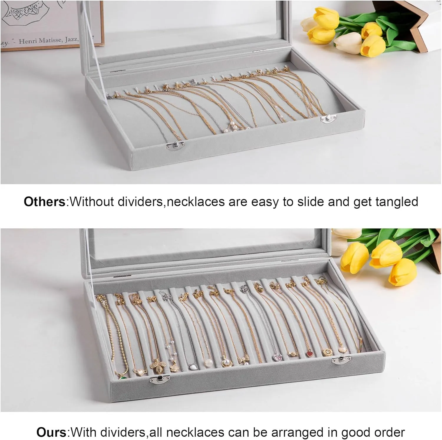 Frebeauty 15 Hooks Necklace Tray Velvet Neckalce Organizer with Clear Lid Lockable Necklace Holder Box Jewelry Organizer for Pendants Chains Necklace Jeweley Tray for Women Girls(Pink)