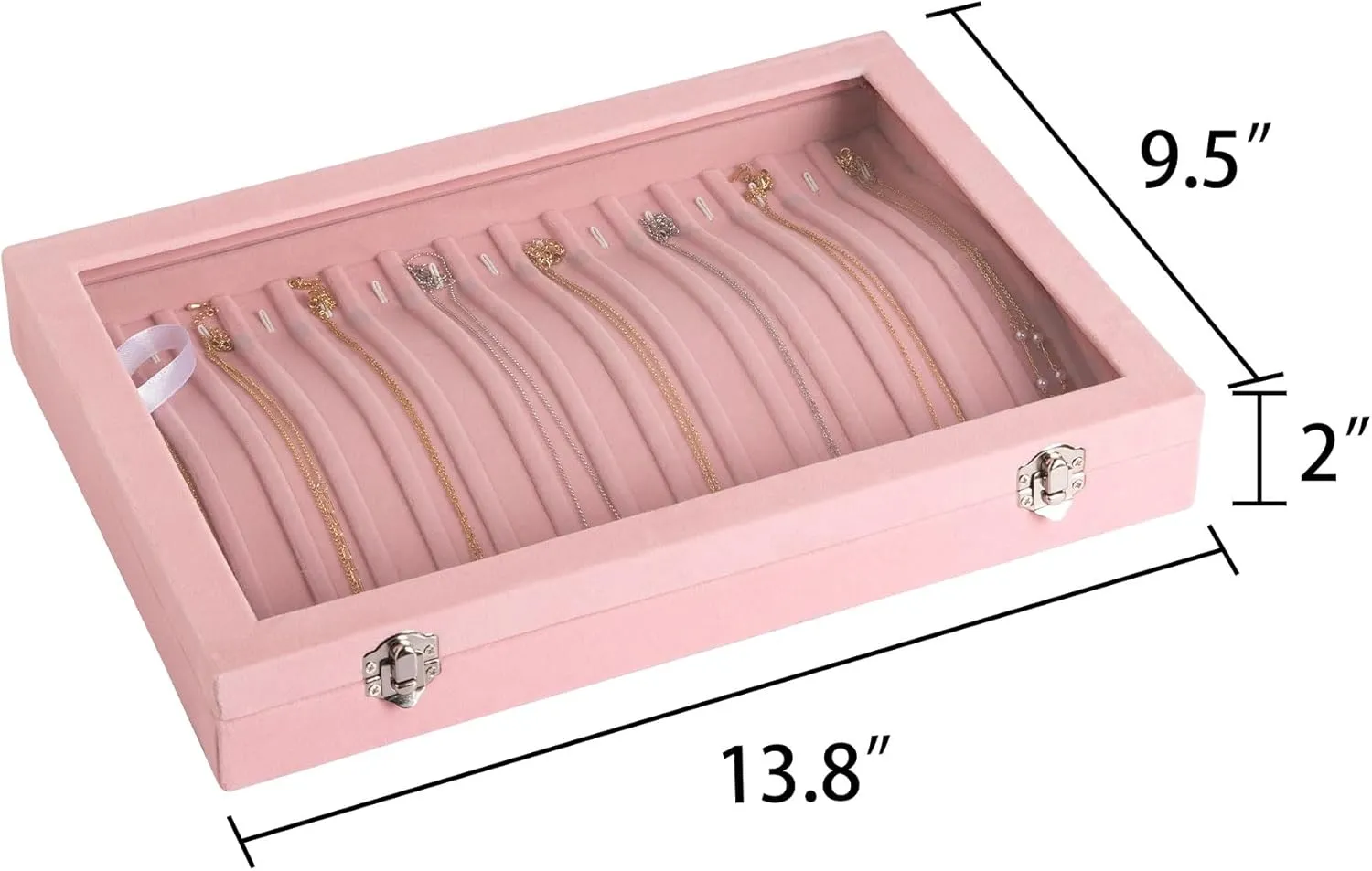 Frebeauty 15 Hooks Necklace Tray Velvet Neckalce Organizer with Clear Lid Lockable Necklace Holder Box Jewelry Organizer for Pendants Chains Necklace Jeweley Tray for Women Girls(Pink)