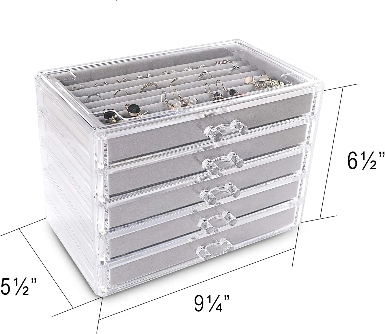 Frebeauty Extra Large Acrylic Jewelry Box for Women 5 Layers Clear Jewelry Organizer Velvet Earring Box with 5 Drawers Rings Display Case Necklaces Holder Tray for Women Girls (Grey)
