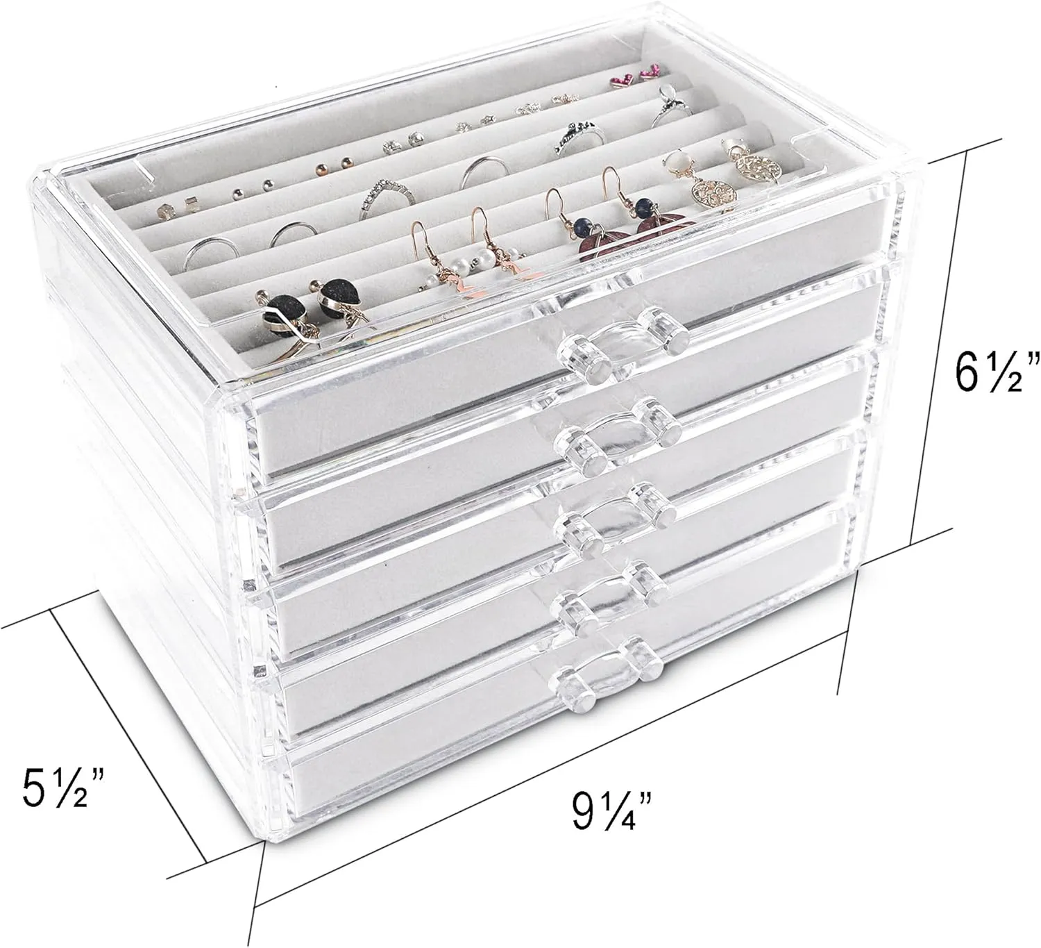 Frebeauty Extra Large Acrylic Jewelry Box for Women 5 Layers Clear Jewelry Organizer Velvet Earring Box with 5 Drawers Rings Display Case Necklaces Holder Tray for Women Girls (White)