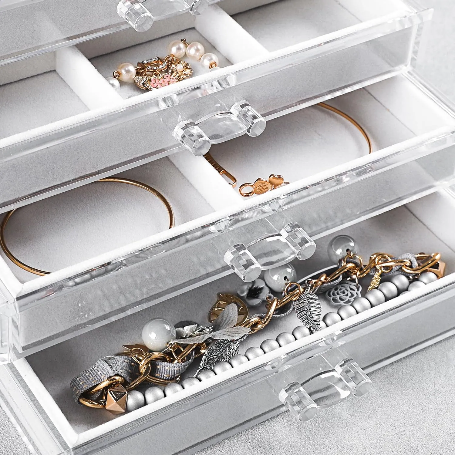 Frebeauty Extra Large Acrylic Jewelry Box for Women 5 Layers Clear Jewelry Organizer Velvet Earring Box with 5 Drawers Rings Display Case Necklaces Holder Tray for Women Girls (White)