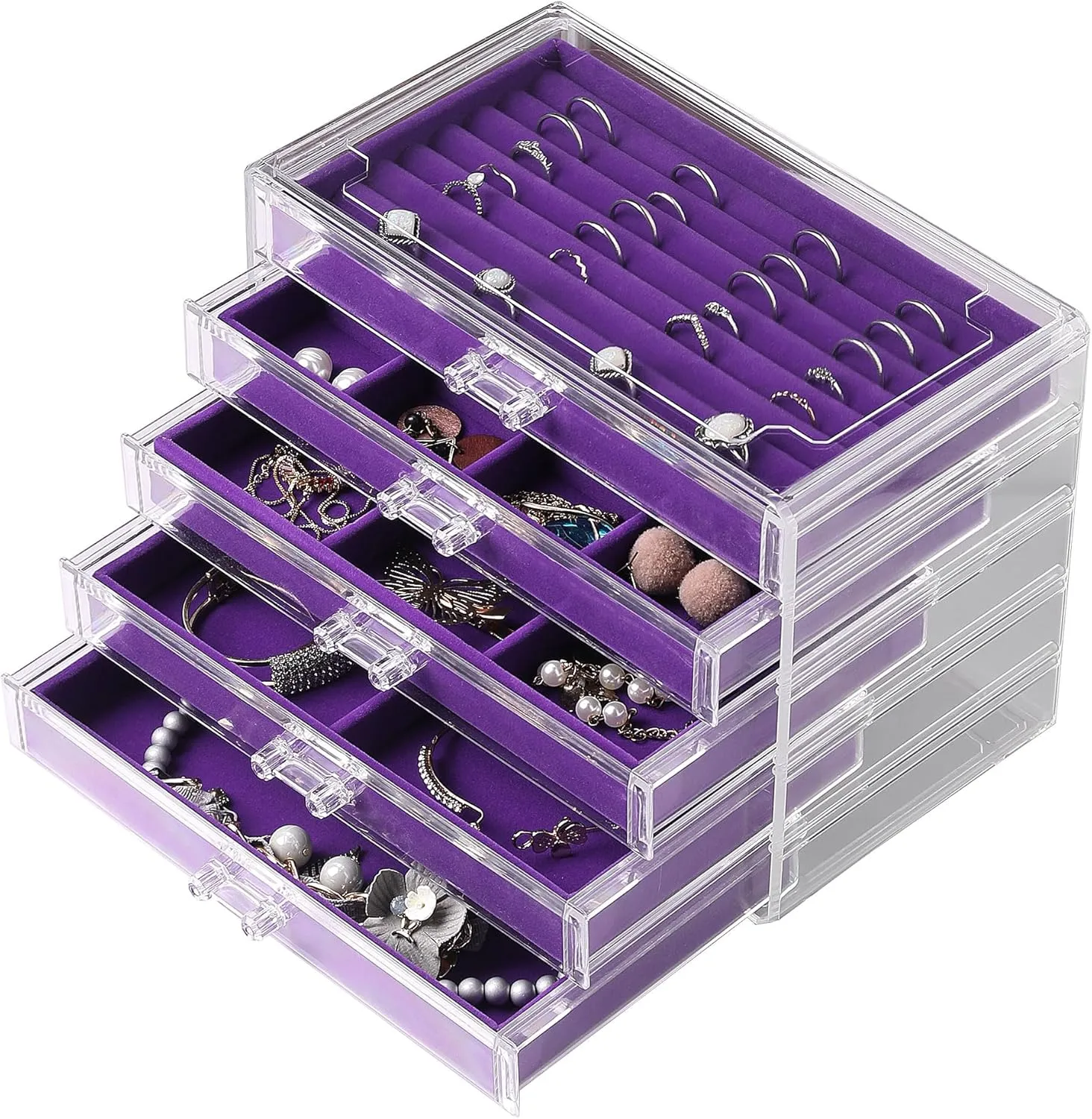 Frebeauty Extra Large Acrylic Jewelry Box for Women 5 Layers Clear Jewelry Organizer Velvet Earring Box with 5 Drawers Rings Display Case Necklaces Holder Tray for Women Girls(Purple)