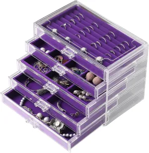 Frebeauty Extra Large Acrylic Jewelry Box for Women 5 Layers Clear Jewelry Organizer Velvet Earring Box with 5 Drawers Rings Display Case Necklaces Holder Tray for Women Girls(Purple)