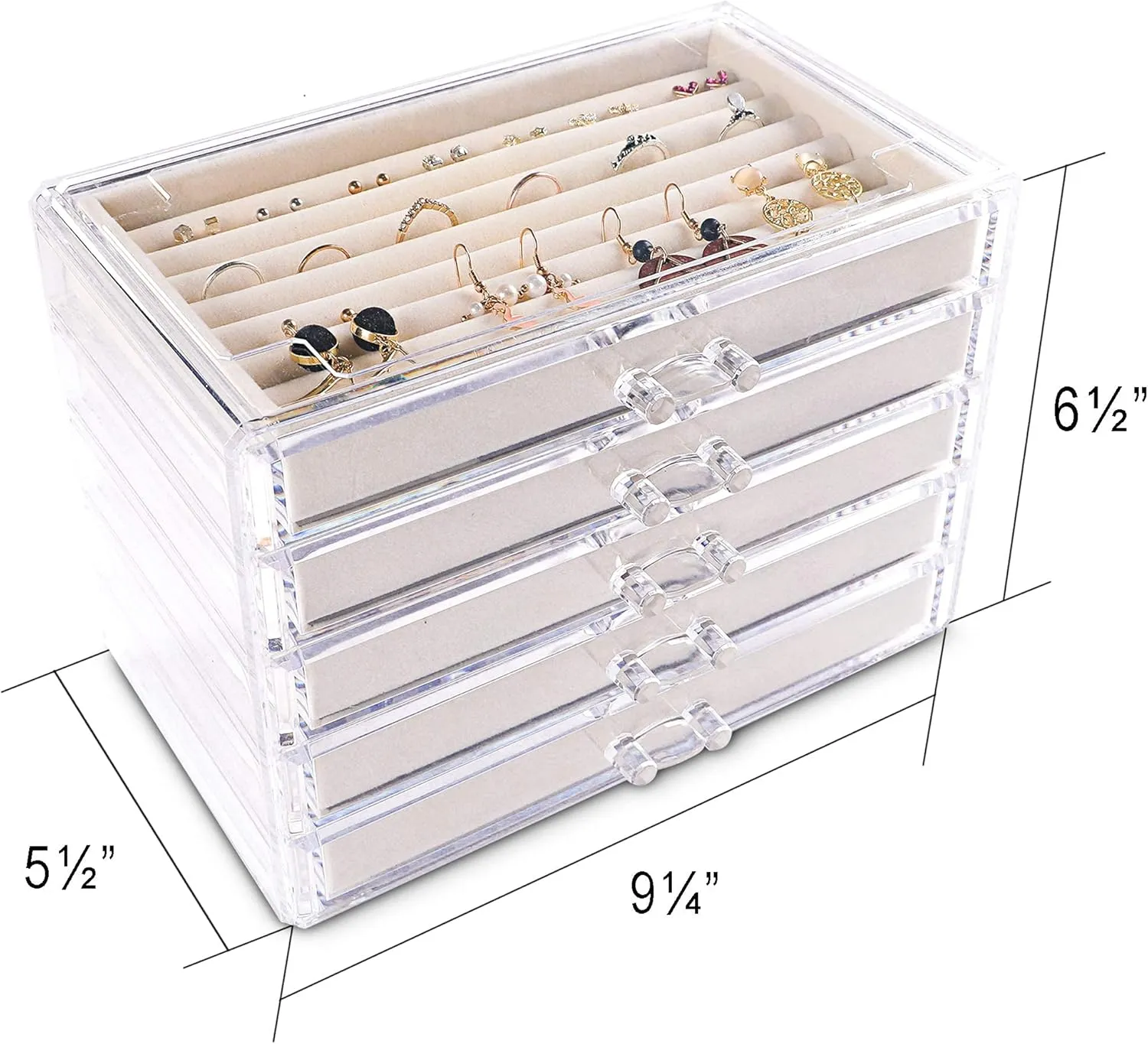 Frebeauty Extra Large Acrylic Jewelry Box for Women Girls 5 Layers Clear Velvet Earring Organizer with 5 Drawers Rings Display Case Necklaces Holder Tray (Beige)