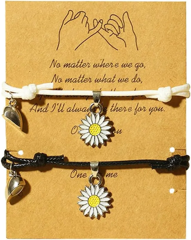 Fuqimanman2020 2pcs Bohemian Daisy Flower Rope Bracelet Set Mutual Attraction Sunflower for Women Relationship Matching Couple Long Distance Pinky Promise Summer Jewelry