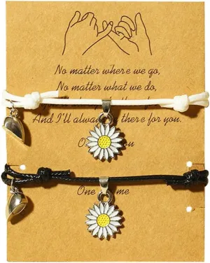 Fuqimanman2020 2pcs Bohemian Daisy Flower Rope Bracelet Set Mutual Attraction Sunflower for Women Relationship Matching Couple Long Distance Pinky Promise Summer Jewelry