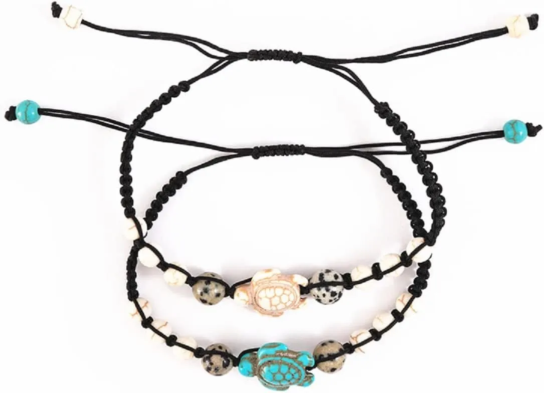 Fuqimanman2020 2pcs Bohemian Turquoise Turtle Beaded Braided Bracelet Set Adjustable String Strand for Women Summer Beach Holiday Jewelry