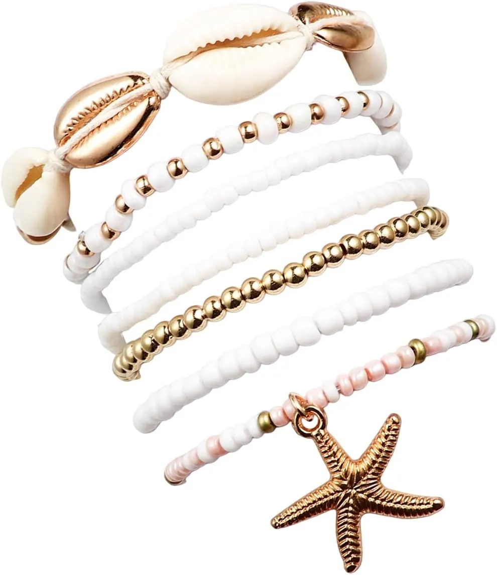 Fuqimanman2020 Boho Shell Starfish Layered Beaded Stretch Bracelet Set for Women Colorful Bohemian Seashell Rice Bead Stackable Bracelets Summer Ocean Beach Vacation Jewelry Gift
