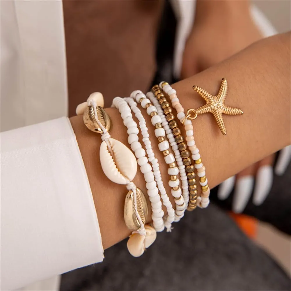 Fuqimanman2020 Boho Shell Starfish Layered Beaded Stretch Bracelet Set for Women Colorful Bohemian Seashell Rice Bead Stackable Bracelets Summer Ocean Beach Vacation Jewelry Gift