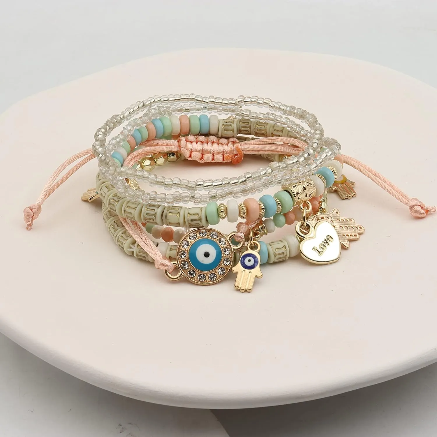 FUTIMELY Bohemian Stackable Bead Bracelets,Multicolor Stretch Beaded Bracelets for Women, Multilayer Stack Evil Eye Hamsa Bracelet Handmade Jewelry