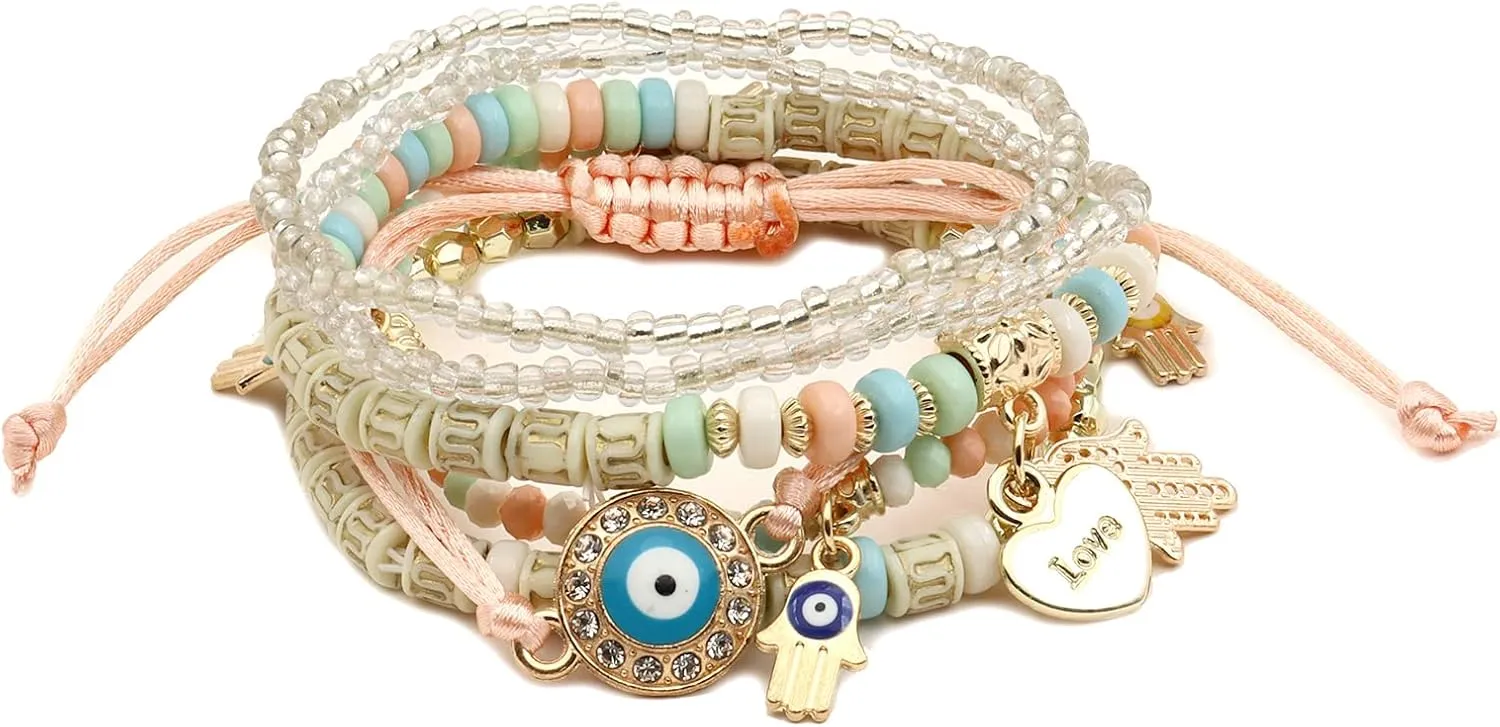 FUTIMELY Bohemian Stackable Bead Bracelets,Multicolor Stretch Beaded Bracelets for Women, Multilayer Stack Evil Eye Hamsa Bracelet Handmade Jewelry