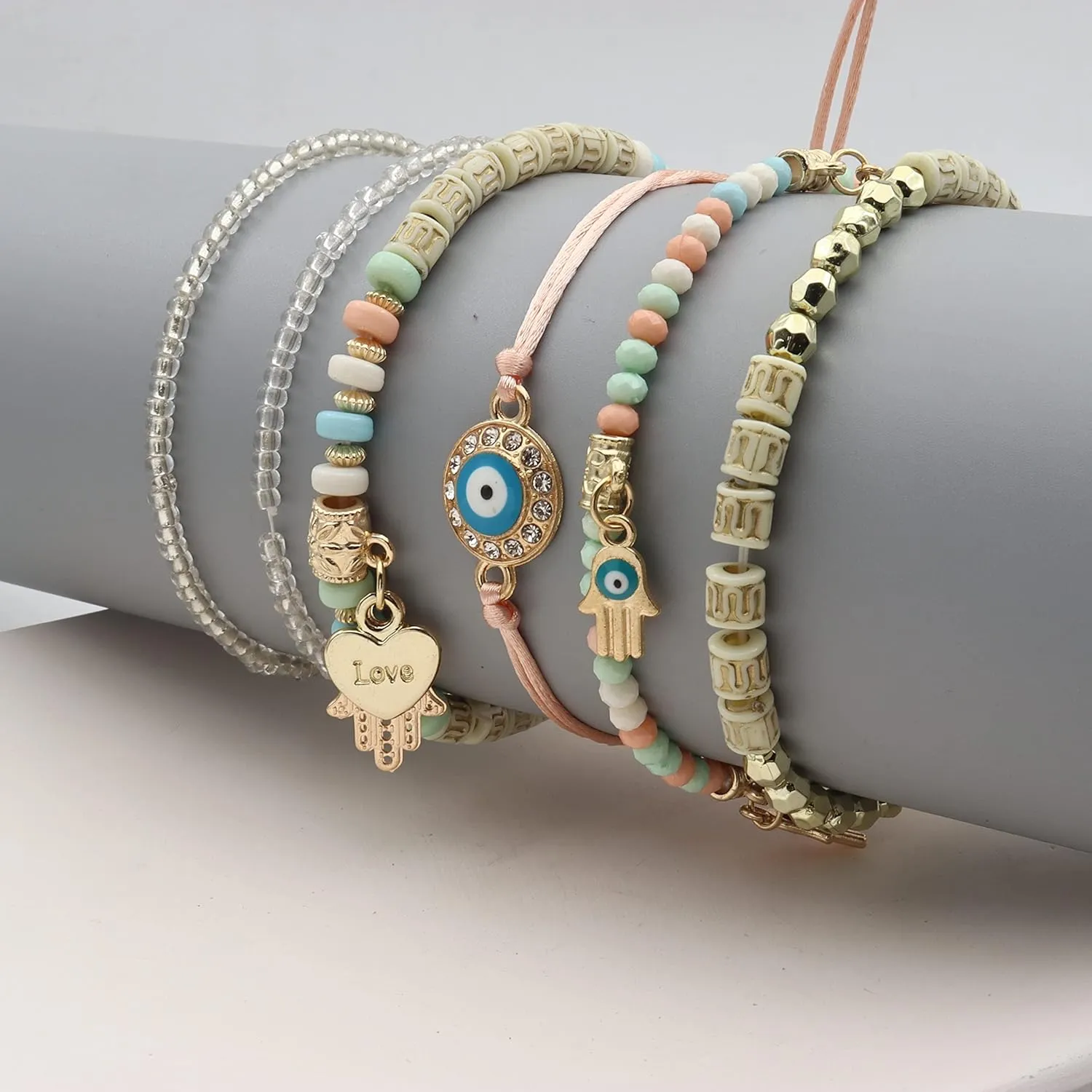 FUTIMELY Bohemian Stackable Bead Bracelets,Multicolor Stretch Beaded Bracelets for Women, Multilayer Stack Evil Eye Hamsa Bracelet Handmade Jewelry