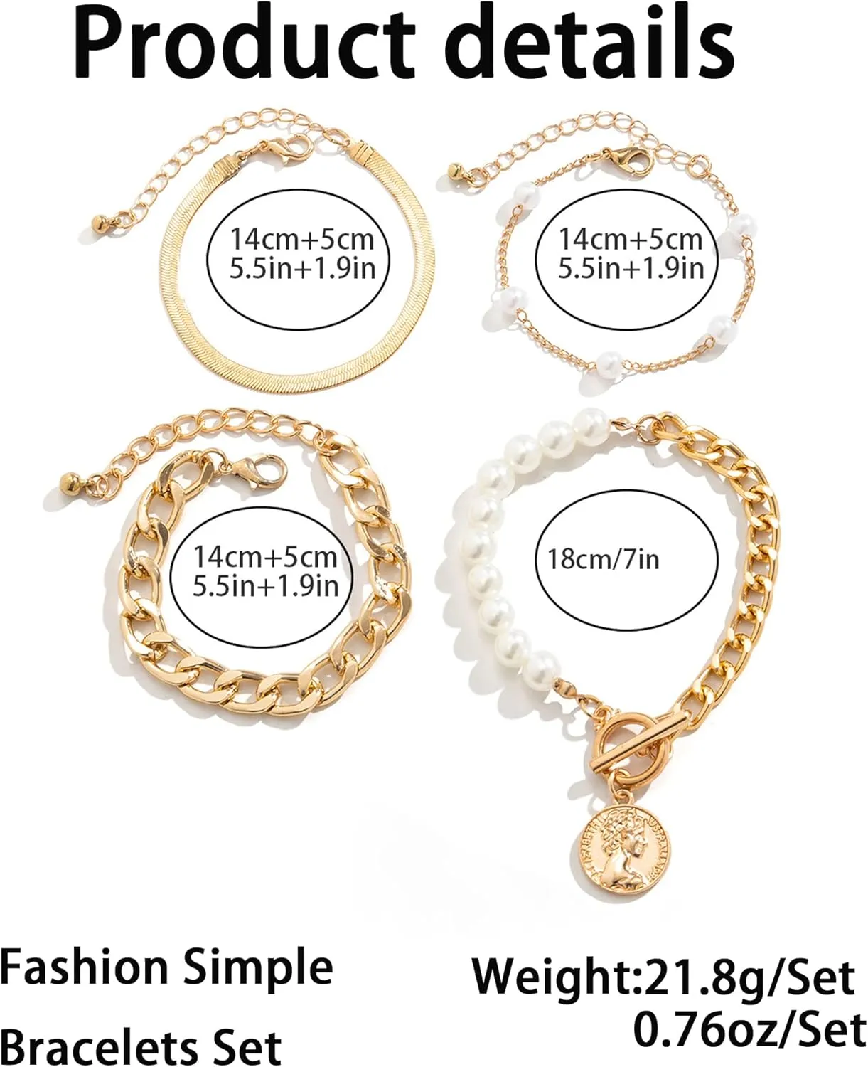 FUTIMELY Gold Pearl Bracelet for Women,Layered Chain Link Pearl Stack Bracelet Set for Woman,Herringbone Paperclip Portrait Charming Bracelet Jewelry