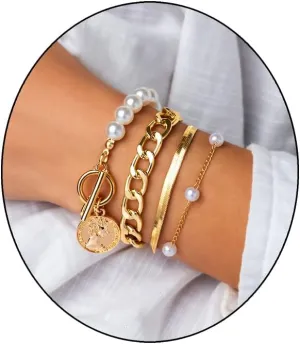 FUTIMELY Gold Pearl Bracelet for Women,Layered Chain Link Pearl Stack Bracelet Set for Woman,Herringbone Paperclip Portrait Charming Bracelet Jewelry