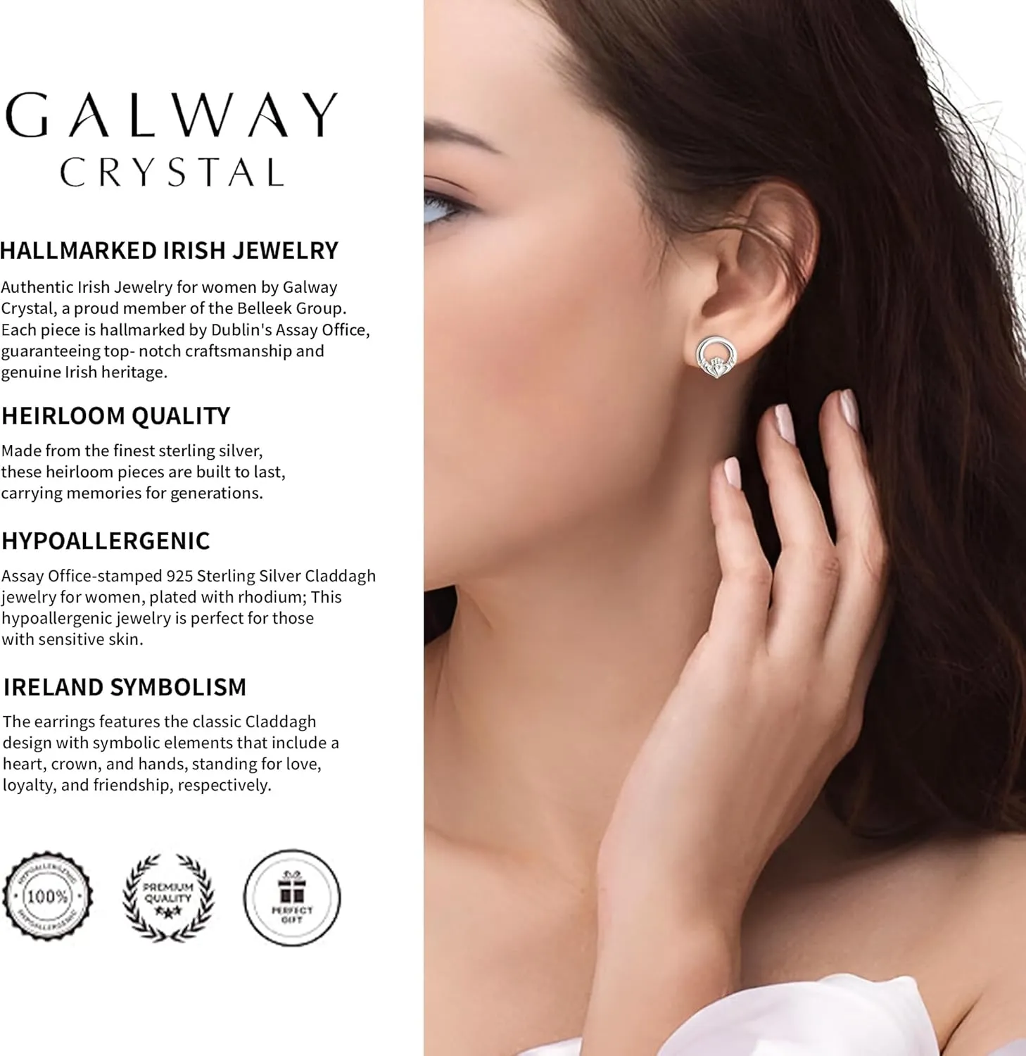 Galway Crystal Claddagh Heart Shaped Earrings for Women Irish Design