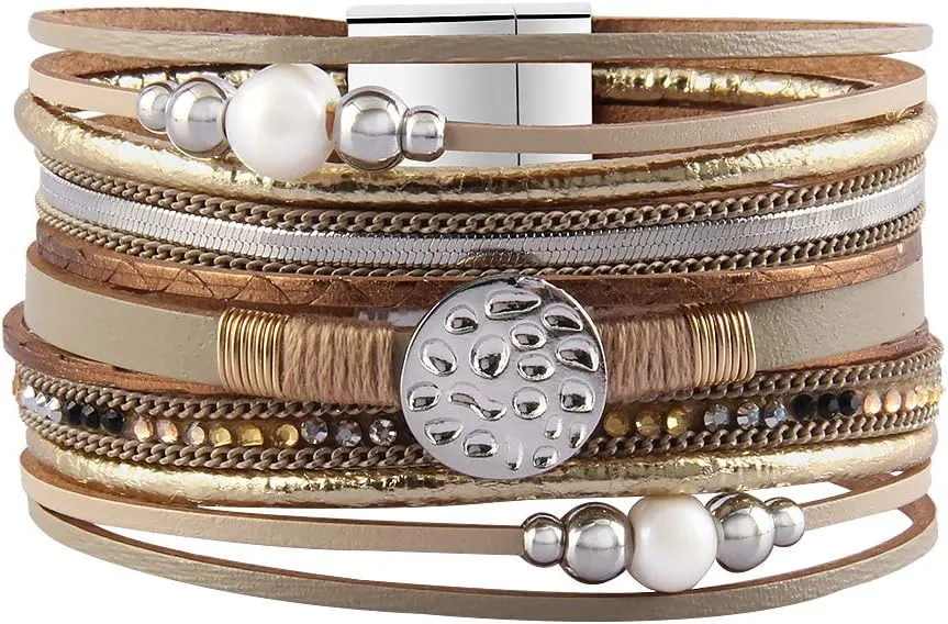 GelConnie Leather Wrap Bracelet Boho Cuff Bracelets Crystal Leather Bracelet Magnetic Multi Strand Bracelets Bohemian Bracelet Leather Wristbands Bangle Jewelry for Women Teen Wife Mother
