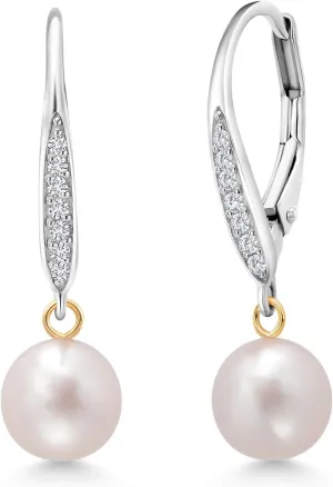 Gem Stone King 925 Silver and 14K Yellow Gold Cultured Freshwater Pearl and White Lab Grown Diamond Dangle Earrings For Women (1 Inch, Pearl Size 7MM)