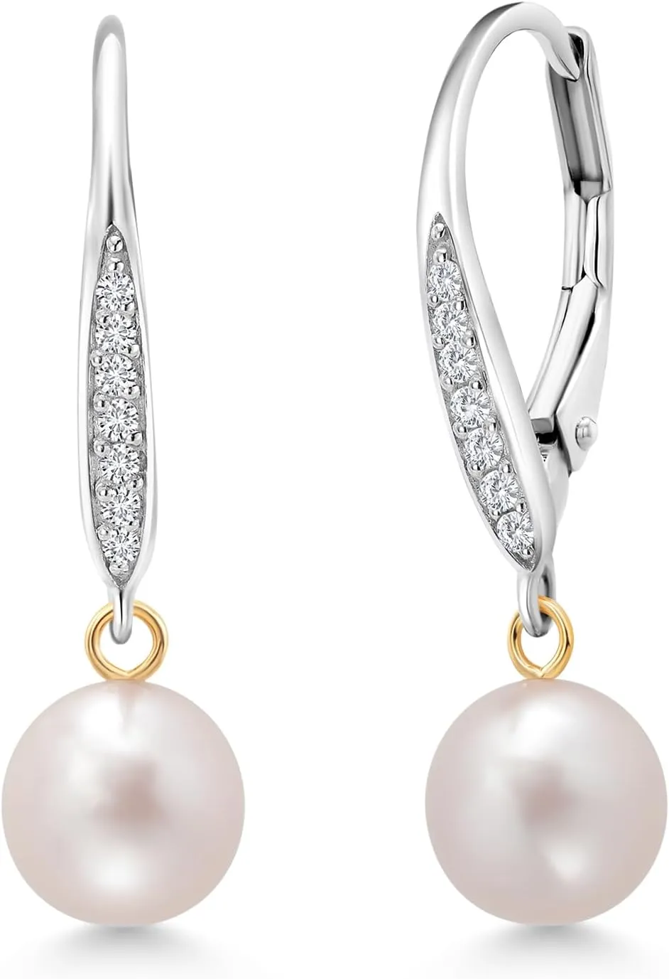 Gem Stone King 925 Silver and 14K Yellow Gold Cultured Freshwater Pearl and White Lab Grown Diamond Dangle Earrings For Women (1 Inch, Pearl Size 7MM)