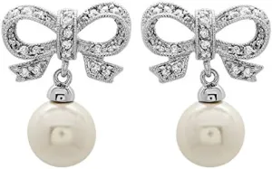 Gem Stone King Stunning Knot Shape Pearl And White CZ Dangle Earring