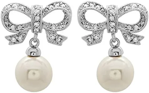 Gem Stone King Stunning Knot Shape Pearl And White CZ Dangle Earring