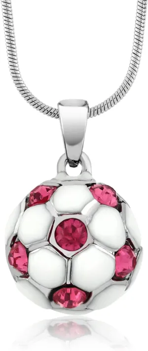 Gem Stone King Stunning White Soccer Ball with Pink Crystals Pendant For Women with 16 Inch Snake Chain