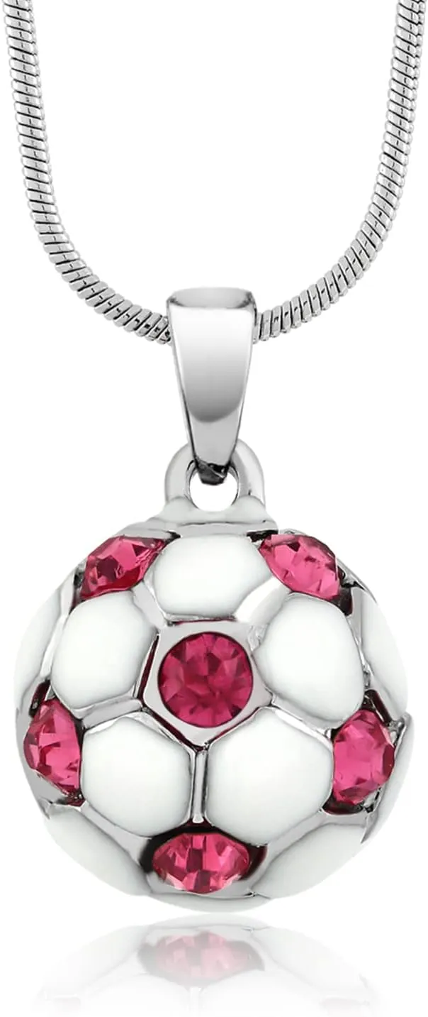 Gem Stone King Stunning White Soccer Ball with Pink Crystals Pendant For Women with 16 Inch Snake Chain