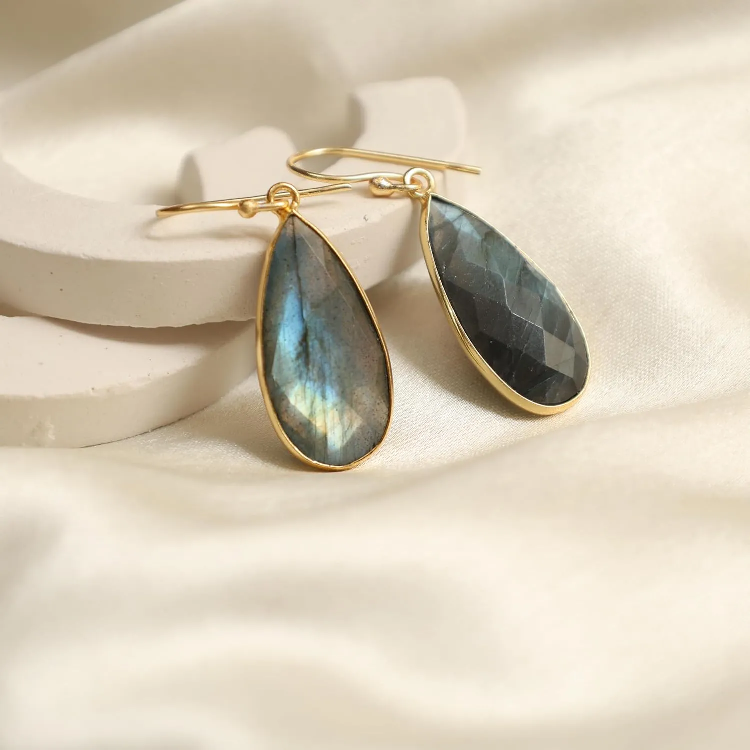 Gempires Labradorite Faceted Long Pear Gemstone Drop Dangle Hook Earrings, Statement Jewelry For Her, 1.5 inch Drop 14K Gold Plated, Gift For Woman (Labradorite)
