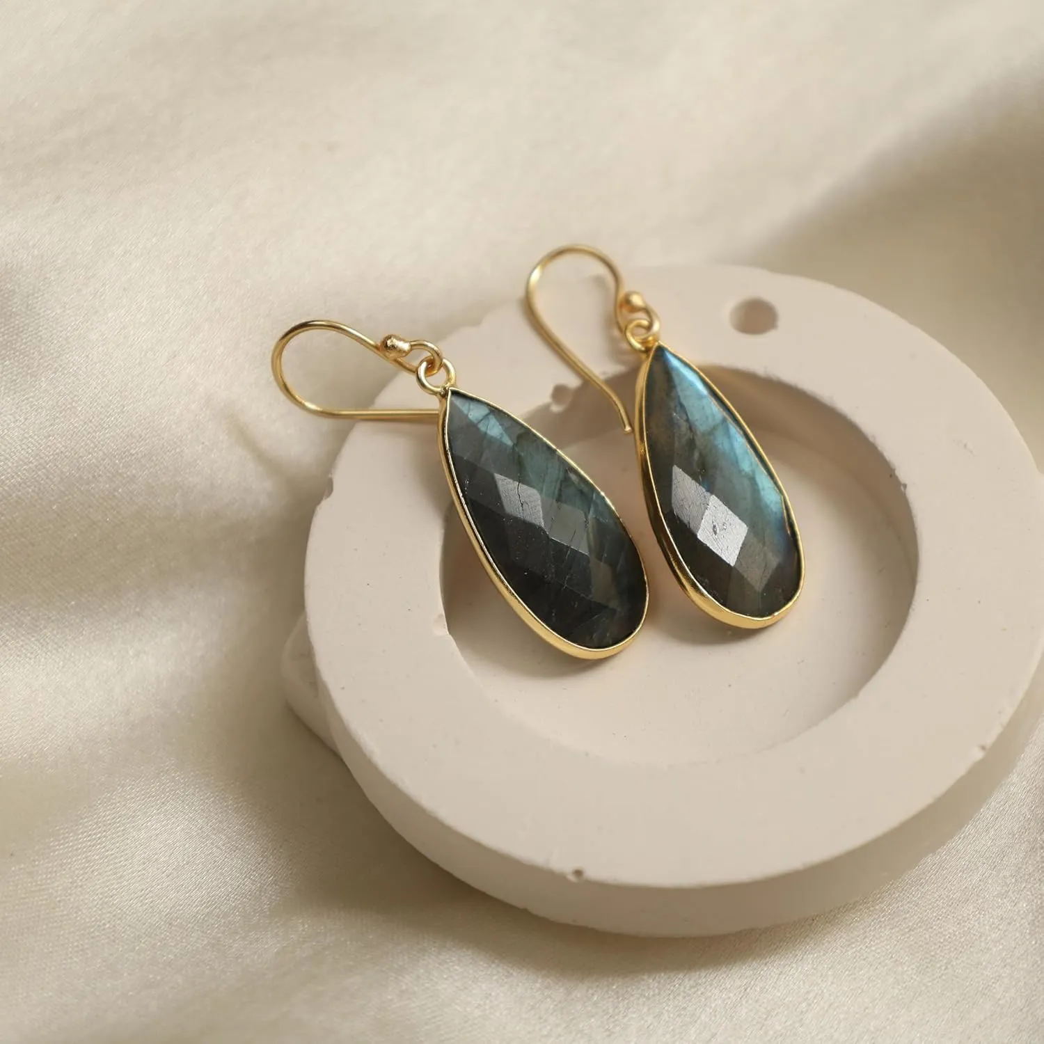 Gempires Labradorite Faceted Long Pear Gemstone Drop Dangle Hook Earrings, Statement Jewelry For Her, 1.5 inch Drop 14K Gold Plated, Gift For Woman (Labradorite)