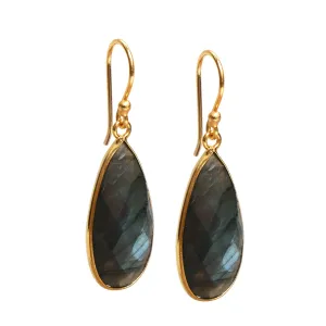 Gempires Labradorite Faceted Long Pear Gemstone Drop Dangle Hook Earrings, Statement Jewelry For Her, 1.5 inch Drop 14K Gold Plated, Gift For Woman (Labradorite)