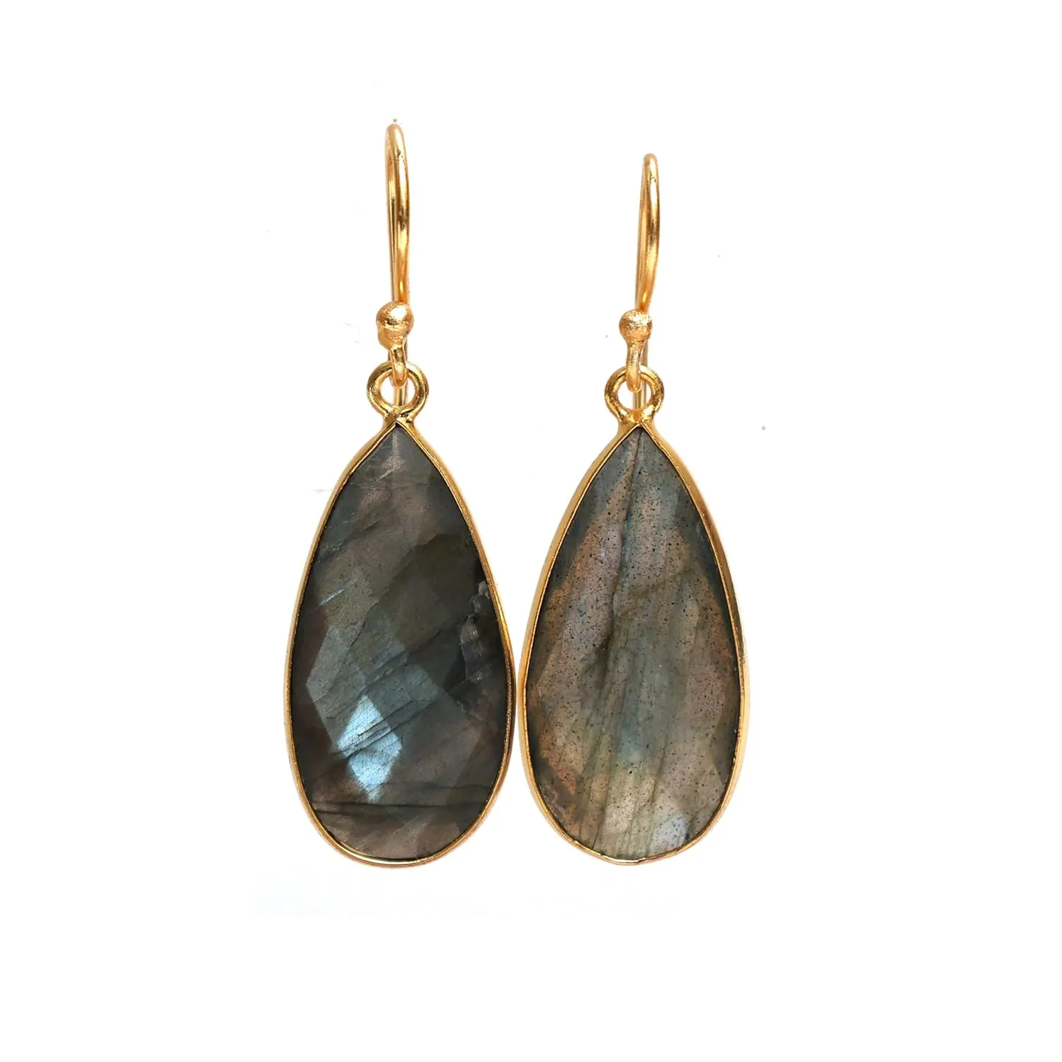 Gempires Labradorite Faceted Long Pear Gemstone Drop Dangle Hook Earrings, Statement Jewelry For Her, 1.5 inch Drop 14K Gold Plated, Gift For Woman (Labradorite)
