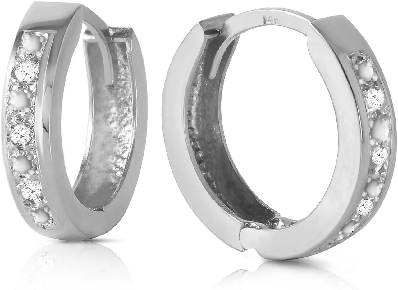 Genuine 14k Solid White Gold Hoop Huggie Earrings with Stunning 0.04 Carat Natural Diamonds
