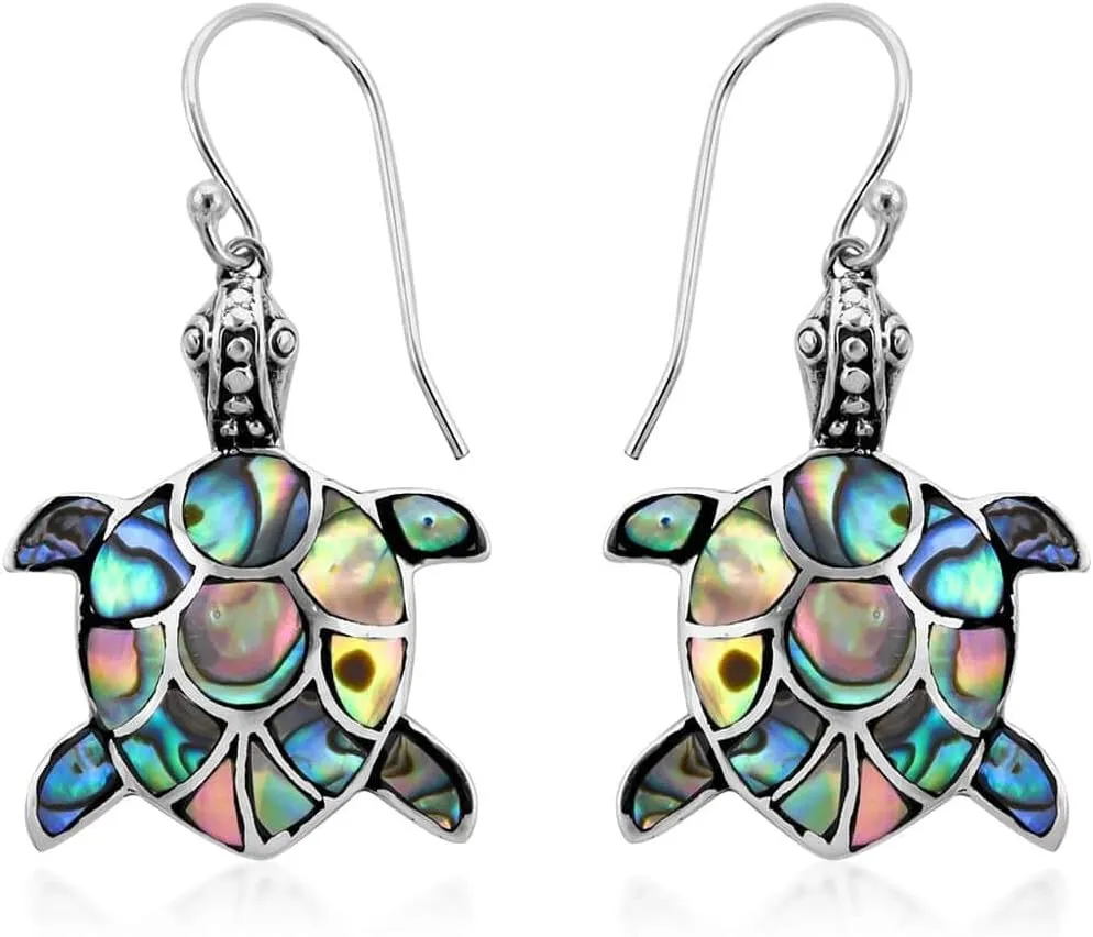 Genuine Handmade Abalone Shell Dangle Earrings for Women Trendy in 925 Sterling Silver - Natural Sea Turtle Boho Jewelry for Women - In Turtle, Dragonfly, & Butterfly Styles Mothers Day Gifts
