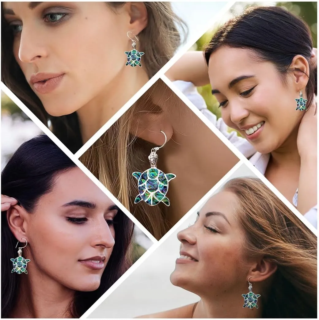 Genuine Handmade Abalone Shell Dangle Earrings for Women Trendy in 925 Sterling Silver - Natural Sea Turtle Boho Jewelry for Women - In Turtle, Dragonfly, & Butterfly Styles Mothers Day Gifts
