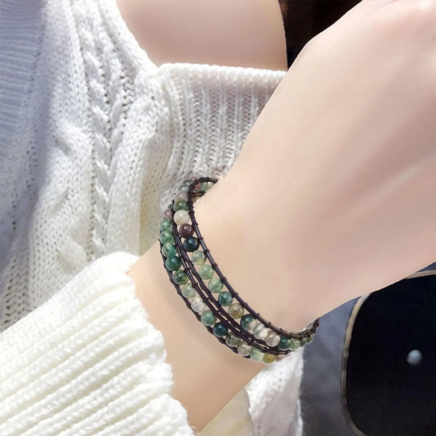 Genuine Stone Wrap Bracelets for Women Natural Crystal Beaded Wrap Bracelet 2/3/5 Adjustable Bohemian Bracelets Jewelry Gifts for Women Mom