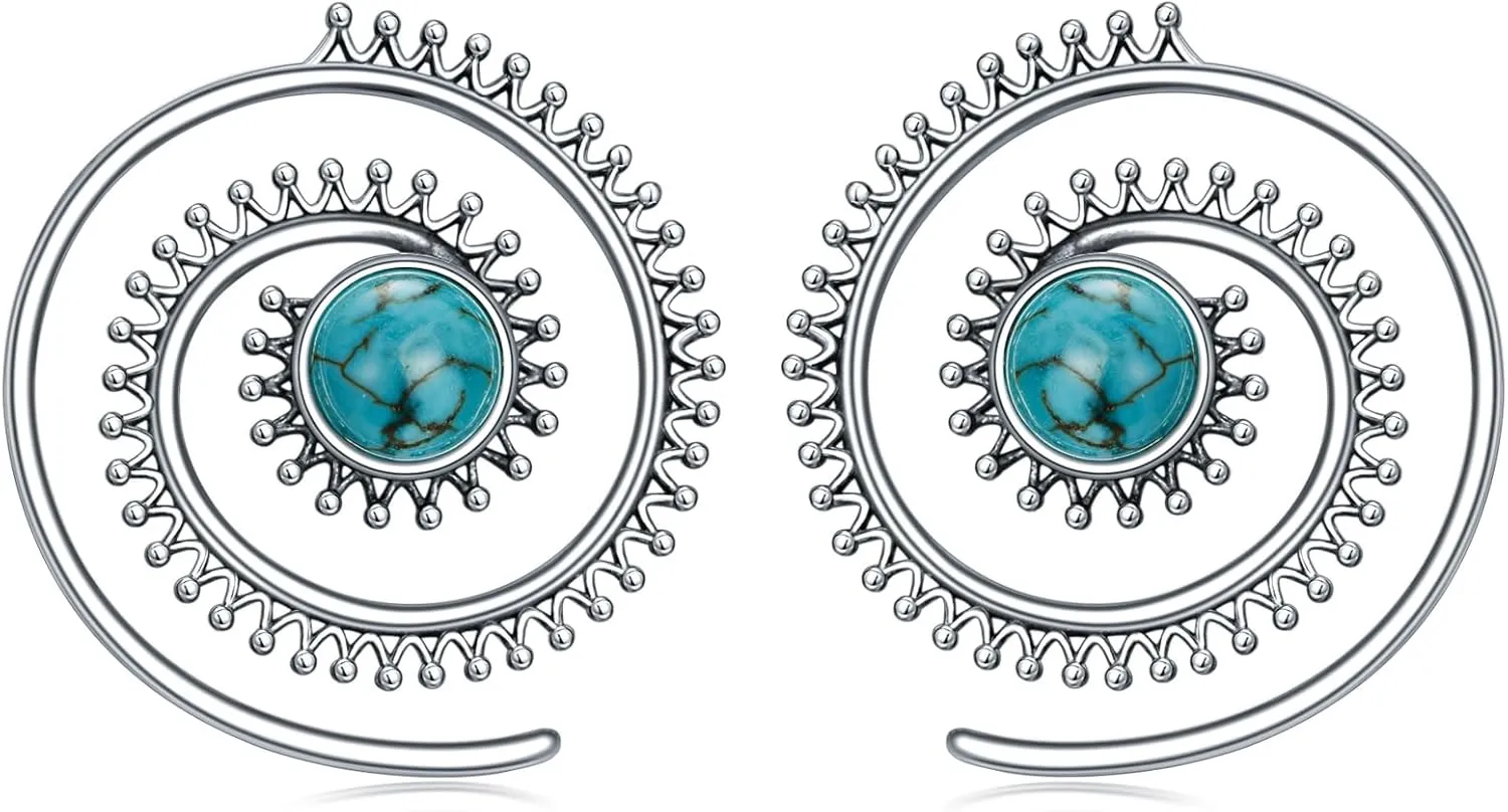 Genuine Turquoise Earrings for Women, Sterling Silver Vintage Native American Pull Through Hoop Filigree Earrings Jewelry Western Gift
