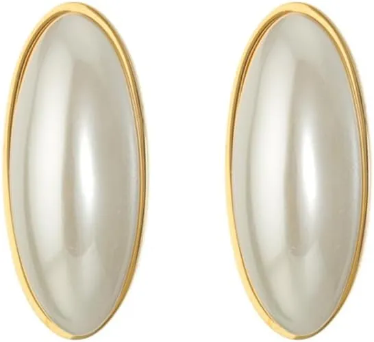 Geometry Oval Shape Pearl Stud Earrings for Women Stainless Steel Disc Circle Dangle Drop Earrings Statement Earrings Wedding Studs Minimalist Ear Jewelry